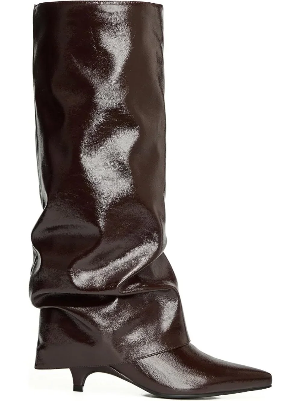 Women Brown Leather Pointed-Toe Fold Over Wide Calf Low Kitten Knee-High Boot